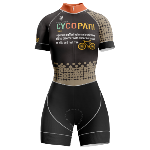 "Cycopath" themed women's triathlon suit for avid cyclists.