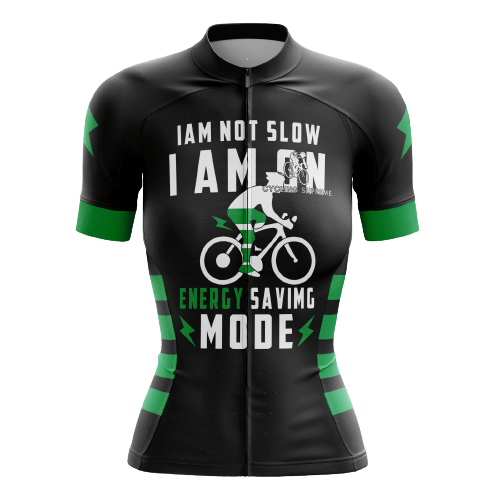 Women's cycling jersey with energy-saving humor.