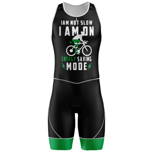 "I am not slow, I am on energy saving mode" triathlon suit for men.