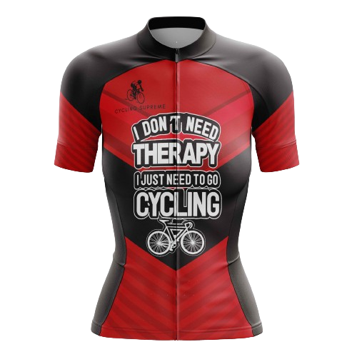 Women's cycling jersey with therapy humor.