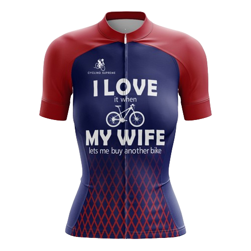 Women's cycling jersey with bike buying humor.