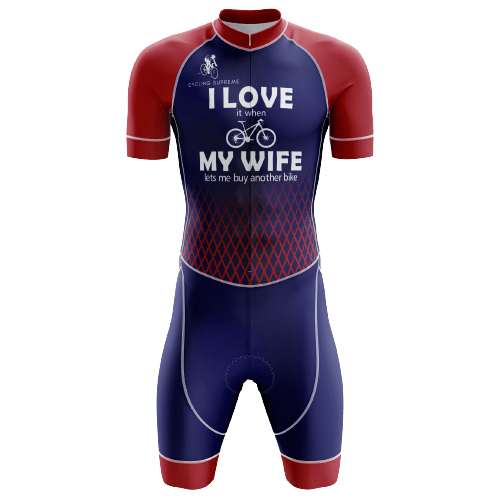 "I Love My Wife" triathlon suit for men.