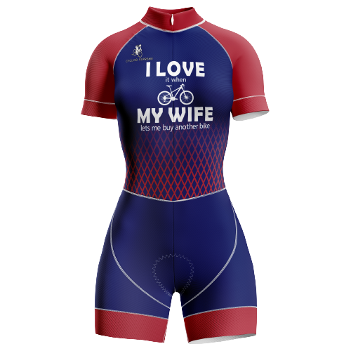 "I Love My Wife" themed women's triathlon suit.