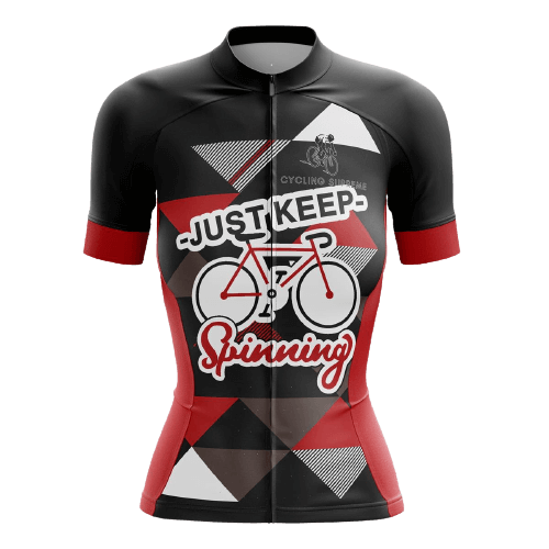 Women's cycling jersey with motivational slogan.