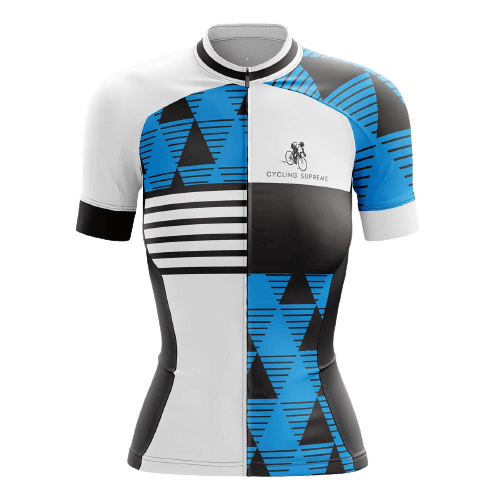 Women's cycling jersey in blue, white, and black colors.