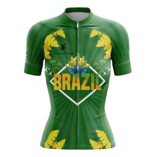 Women's cycling jersey with green Brazil theme.