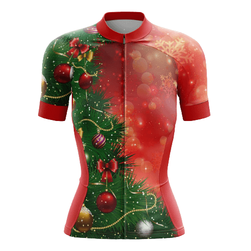 Women's cycling jersey with a Christmas tree design.