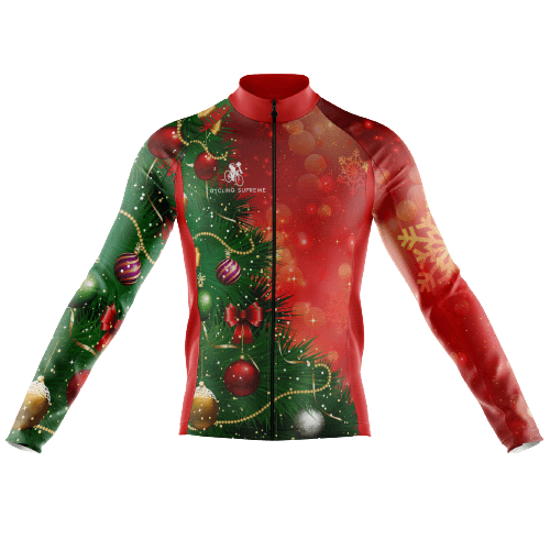 Men's long sleeve cycling jersey with Christmas tree design.