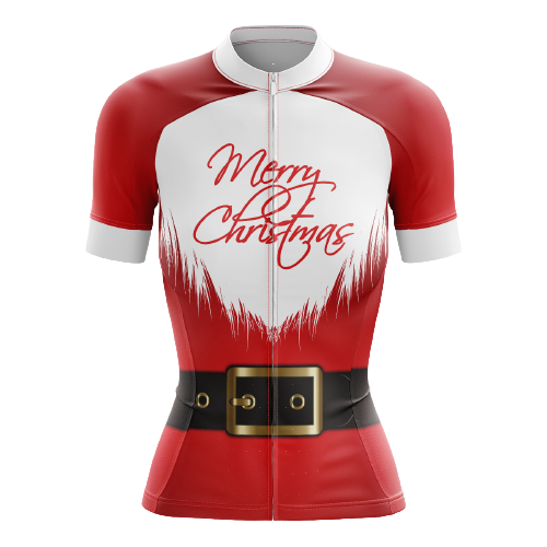 Women's cycling jersey resembling Santa's suit.