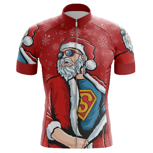 Superman Santa men's cycling jersey, superhero holiday