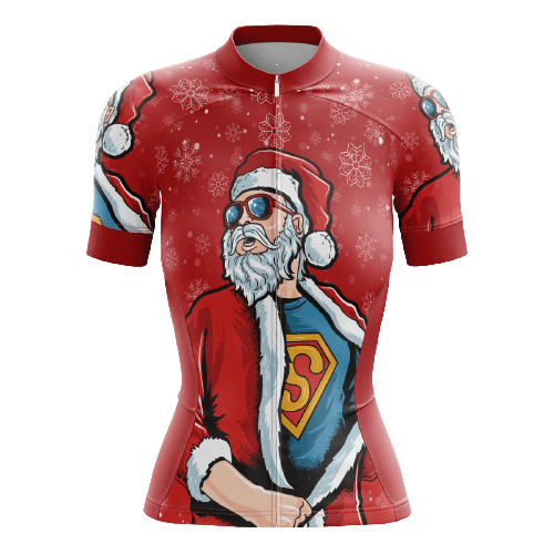 Women's cycling jersey with Superman Santa design.