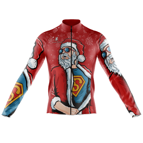 Men's long sleeve cycling jersey with Superman Santa design.