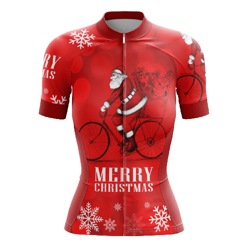 Women's cycling jersey featuring Santa on bike.