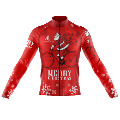 Men's long sleeve cycling jersey with riding Santa design.