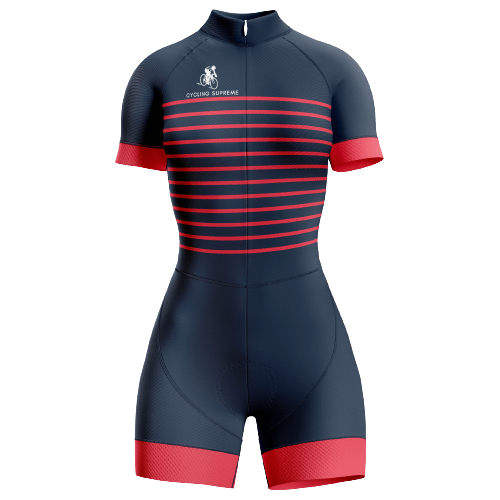 Red stripes design women's triathlon suit for bold style.