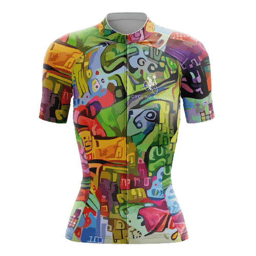 Women's cycling jersey with vibrant colors.