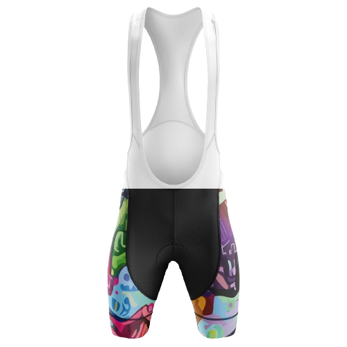 Vibrant color splash design unisex bib shorts for a lively cycling outfit.