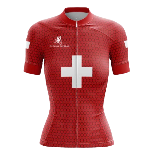 Women's cycling jersey with Swiss themes.