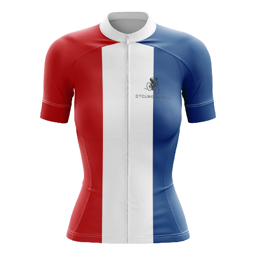 Women's cycling jersey with French themes.