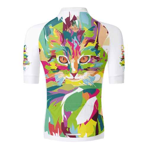 Colorful tie-dye pattern with a playful kitty design.