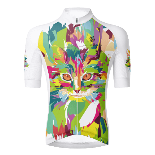 Tie Dye Kitty Aero Jersey with a race fit, combining fun, vibrant design with aerodynamic efficiency.