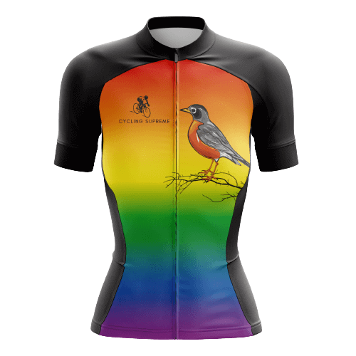 Women's Rainbow Bird cycling jersey featuring a vibrant bird design in rainbow colors and breathable fabric for a colorful and comfortable ride.