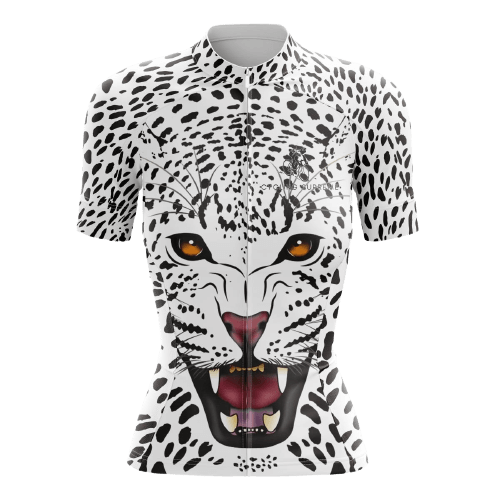 Women's cycling jersey featuring snow leopard design.