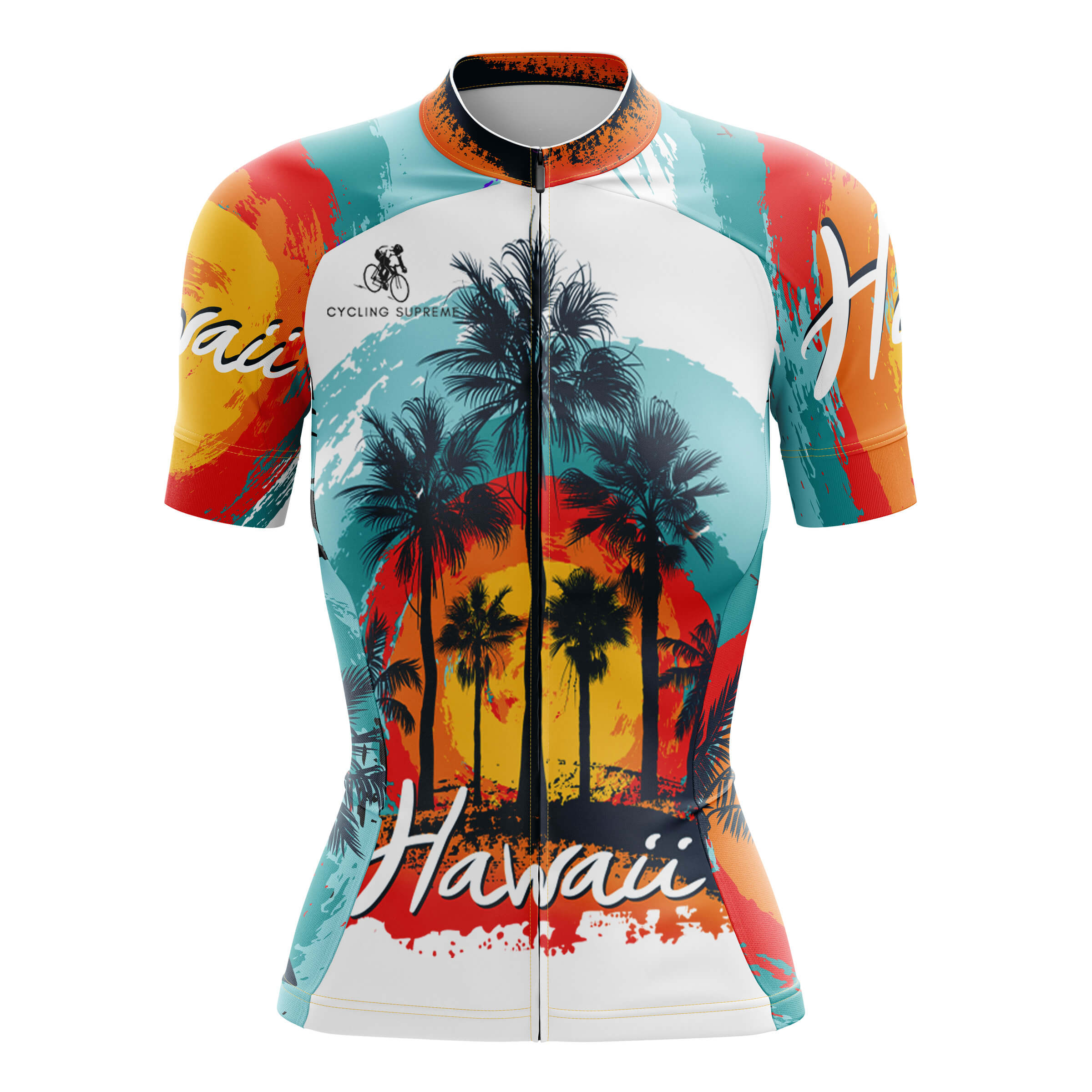 Women's cycling jersey with tropical Hawaii theme.