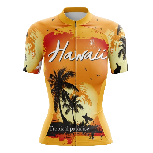 Women's Hawaii Orange cycling jersey featuring a bright orange design inspired by Hawaii and breathable fabric for a vibrant and comfortable ride.