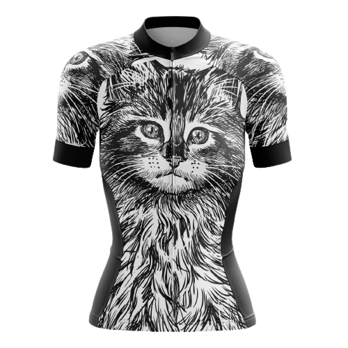 Women's cycling jersey featuring a cat design.