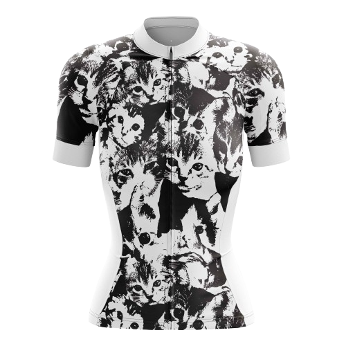 Women's cycling jersey with multiple cat graphics.