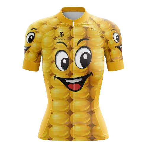 Women's cycling jersey with smiley face graphic.