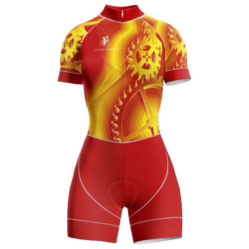 Gear-themed women's triathlon suit for cycling enthusiasts.