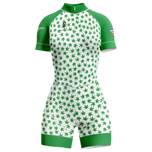 Women's Marijuana triathlon suit with a bold marijuana leaf design and flexible, comfortable fit for athletes.