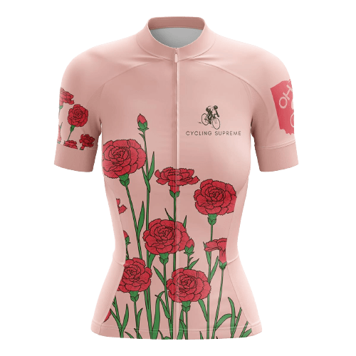 Women's cycling jersey with floral rose design.