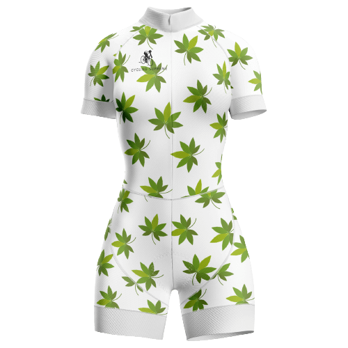 Marijuana leaf themed women's triathlon suit.