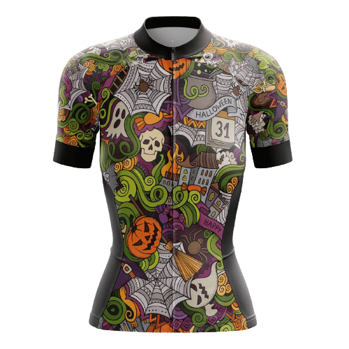 Women's cycling jersey with spooky Halloween theme.