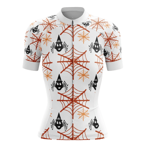 Women's cycling jersey with webs and spiders design.