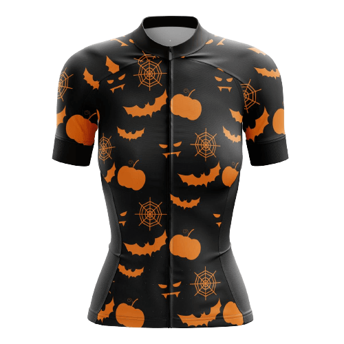 Women's cycling jersey with pumpkins and bats.