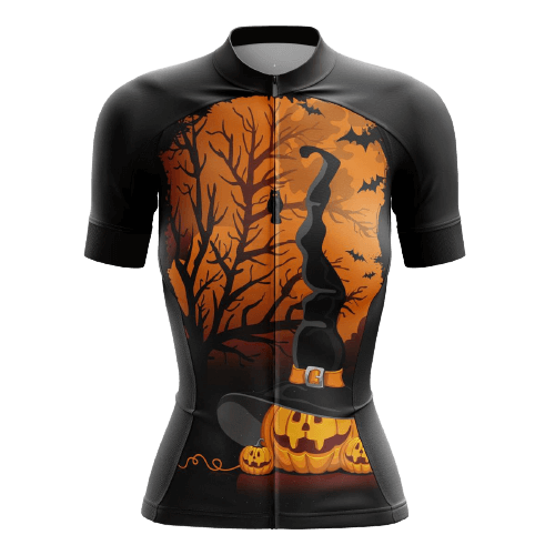 Women's cycling jersey with Halloween forest design.