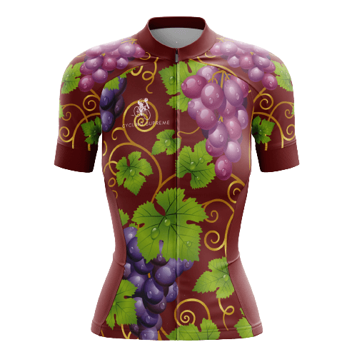 Women's cycling jersey with grape graphics.