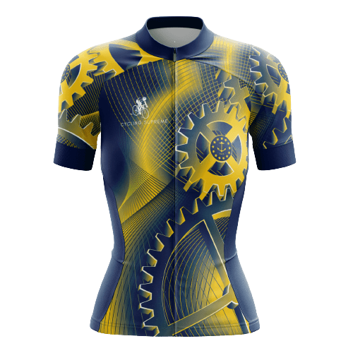 Women's cycling jersey featuring gear patterns.