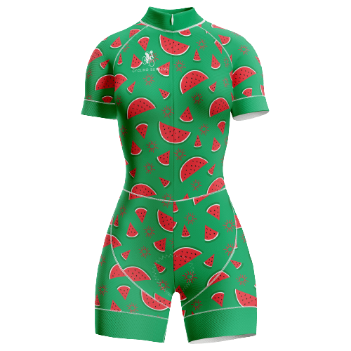 Watermelon-themed women's triathlon suit.