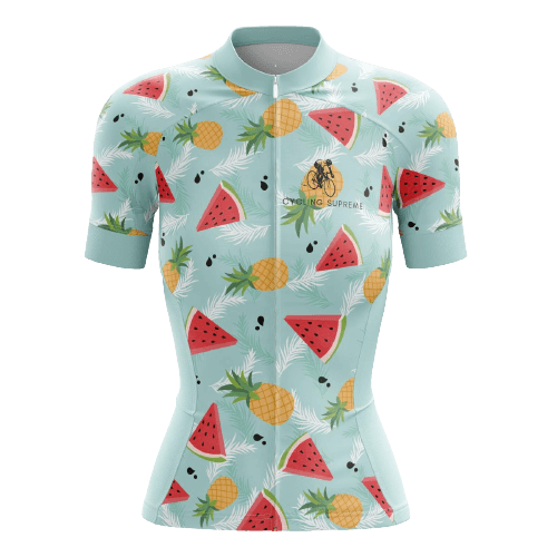 Women's cycling jersey with watermelon and pineapple.