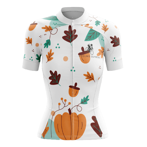 Women's cycling jersey with Thanksgiving leaf design.