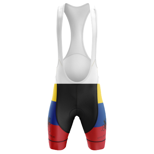 Unisex bib shorts featuring the Colombian flag for a patriotic ride.