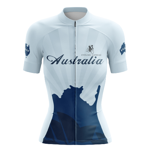 Women's cycling jersey with Australia continent graphic.