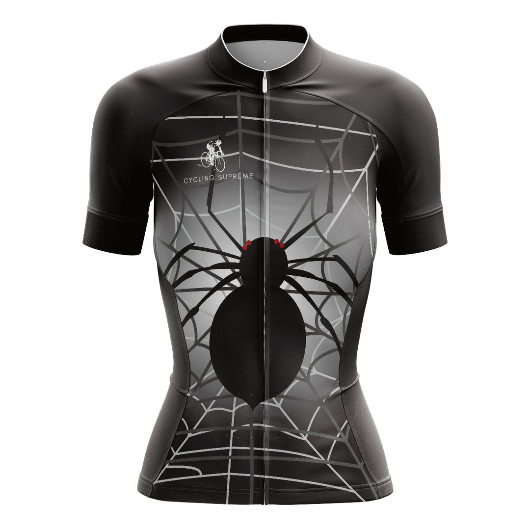 Women's cycling jersey with a black spider design.