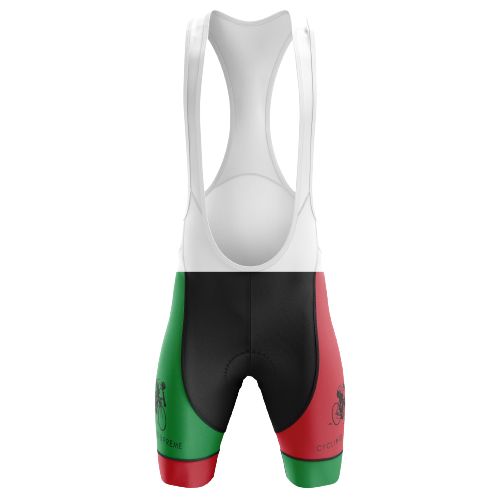 Red and green unisex bib shorts inspired by Italian colors.