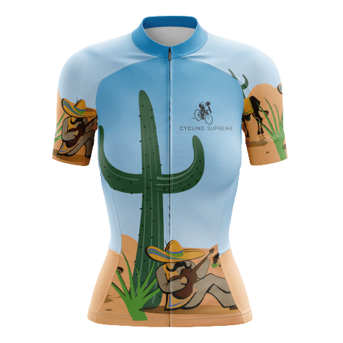 Women's cycling jersey featuring Mexican desert theme.